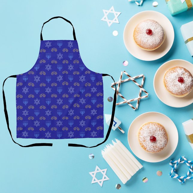 Hanukkah Gold Dreidel Star of David Menorah Blue Apron (Creator Uploaded)