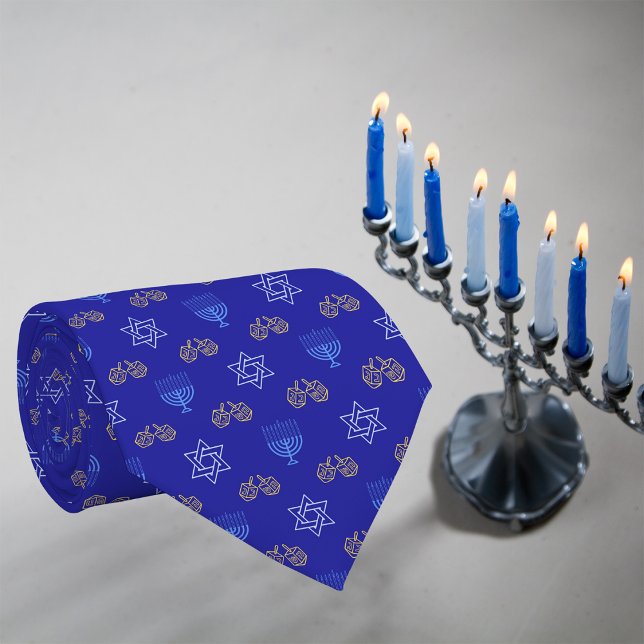 Hanukkah Gold Dreidel Star of David Menorah Blue Tie (Creator Uploaded)