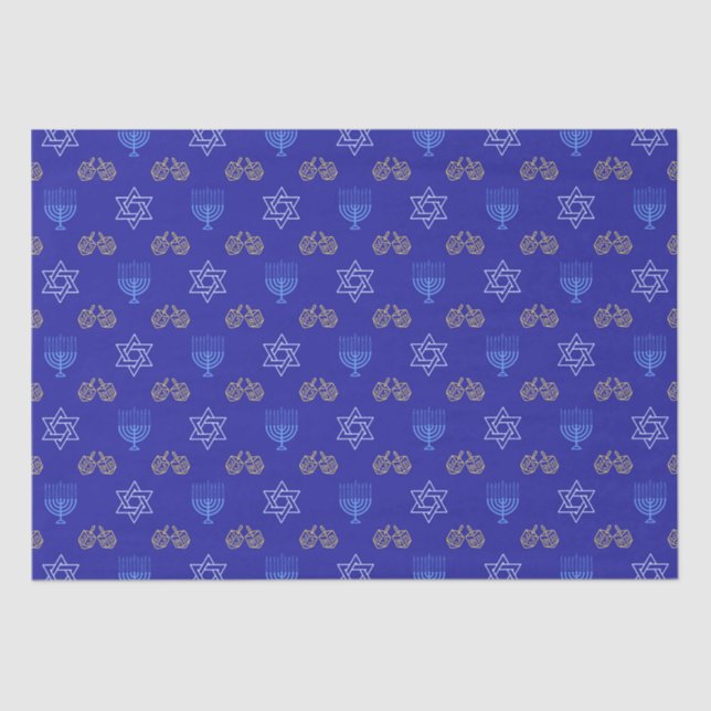 Hanukkah Gold Dreidel Star of David Menorah Blue Tissue Paper (Front)