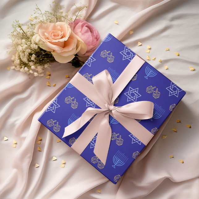 Hanukkah Gold Dreidel Star of David Menorah Blue Wrapping Paper (Creator Uploaded)