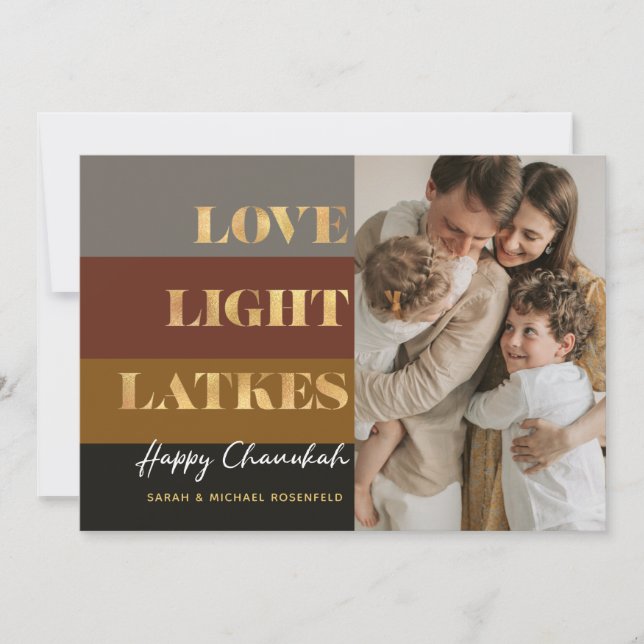 Hanukkah Gold Love Light Latkes Custom Photo Card (Front)