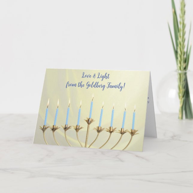 Hanukkah Gold Menorah and Candles "Love and Light" Holiday Card (Front)