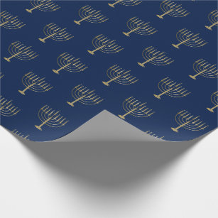 Hanukkah Gold Menorah on Blue Pattern Wrapping Paper
