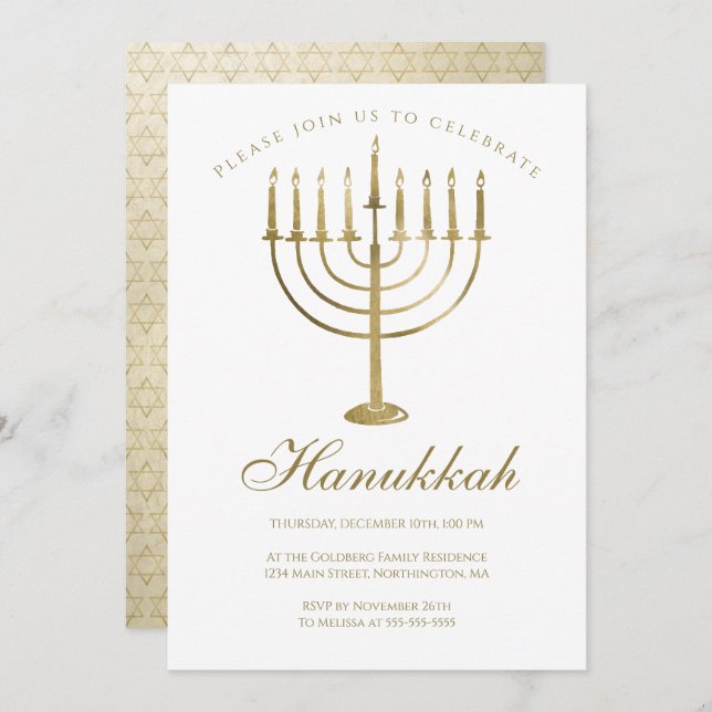 Hanukkah Gold Menorah Star of David Celebration Invitation (Front/Back)