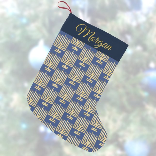 Hanukkah Gold Pattern Add Your Name Chrismukkah Small Christmas Stocking (This Hanukkah menorah Christmas stocking in blue and faux gold is fun for interfaith families)