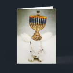 Hanukkah Greeting Card - Aldo a Rabbit and Menorah<br><div class="desc">Celebrate Hanukkah with Aldo, the bunny with a sense of humour. This rabbit loves to put stuff on his head. Check out this "cool" glass ornament. This Menorah allows Aldo to celebrate Hanukkah in style! Aldo is a Perfect Reject. Each plush toy was created by me and is 100% recycled....</div>