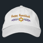 Hanukkah Greeting Embroidered Hat<br><div class="desc">Hanukkah design features a gold Star of David with  blue swirls. Text above says Happy Hanukkah,  but is optional and can be customised by you or deleted.</div>