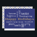Hanukkah Greetings Holiday Blue<br><div class="desc">Collage of holiday greetings,  Happy Holidays,  Hanukkah,  New Year,  Goodwill,  Laughter,  Happiness,  Namaste,  Joy,  Peace,  Love,  Thanksgiving,  Family,  & Giving. Customise with your name and year.</div>