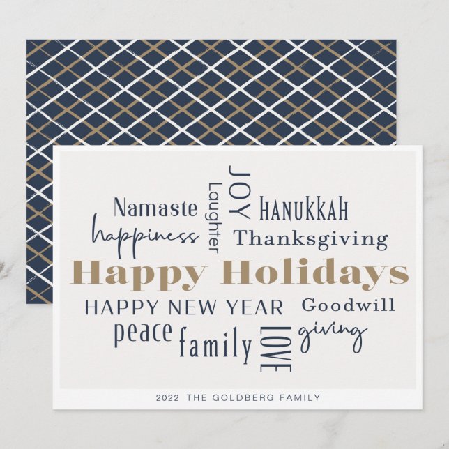 Hanukkah Greetings Holiday Blue Gold Card (Front/Back)