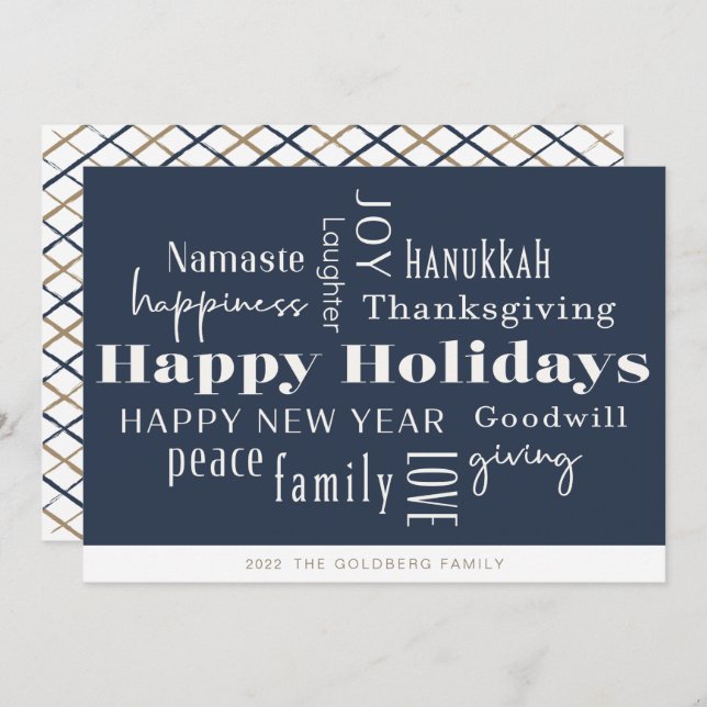 Hanukkah Greetings Holiday Navy Gold (Front/Back)