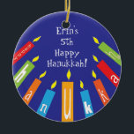 Hanukkah Happy Colourful Candles Ornament<br><div class="desc">Hanukkah Happy Colourful Candles Ornament.
Personalise each side by deleting existing text and adding your own with your favourite font style,  colour and size. Happy Hanukkah! Thanks for shopping and stopping by! Much appreciated!</div>