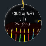 Hanukkah Happy Colourful Menorah Candles Ceramic Tree Decoration<br><div class="desc">Hanukkah "Hanukkah Happy Colourful Menorah Candles" Circle Ornament. (2 sided) Personalise by deleting text on front and back of the ornament. Then using your favourite font colour, size, and style, type in your own words. Thanks for stopping and shopping by. Much appreciated! Happy Chanukah/Hanukkah! Bring a lot more holiday cheer...</div>