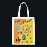 Hanukkah Happy Dancing Dreidels Reusable Grocery Bag<br><div class="desc">Hanukkah Happy Dancing Dreidels white 2-sided bag. All design elements can be edited. All editable text can be deleted and replaced with your own message. Use your favourite font colour, size, and style. Happy Hanukkah/Chanukah! Style: Reusable Bag Go green and save the planet with our reusable grocery bag! Made with...</div>