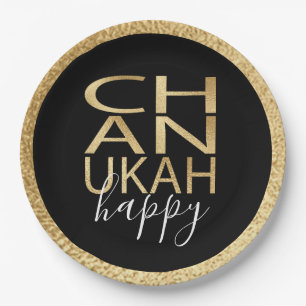 Hanukkah Happy Gold Letters Paper Plate