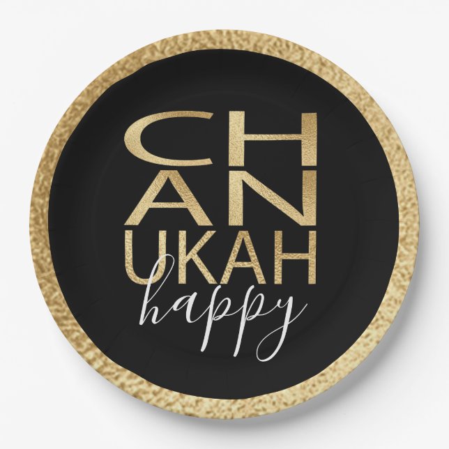 Hanukkah Happy Gold Letters Paper Plate (Front)