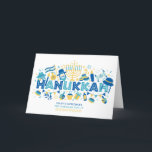 Hanukkah Happy Holidays Personalised Name Holiday Card<br><div class="desc">This holidays design features the text "Hanukkah" in modern blue typography surrounded by icons such as dreidels, menorah, torah, candles and more. Below is the text "Happy Holidays" with your family name. #hanukkah #chanukah #holidays #seasonal #festive #star #starofdavid #menorah #torah #dreidel #gift #candle #light #jewish #personalised #personalised #name #addyourown #custom...</div>