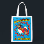 Hanukkah Happy Super Judah Reusable Grocery Bag<br><div class="desc">Hanukkah Happy Super Judah, white 2-sided bag. All design elements can be edited. All editable text can be deleted and replaced with your own message. Use your favourite font colour, size, and style. Happy Hanukkah/Chanukah! Style: Reusable Bag Go green and save the planet with our reusable grocery bag! Made with...</div>
