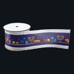 Hanukkah Jewish Holiday Hanukkiah Decoration Satin Ribbon<br><div class="desc">Happy Hanukkah Party Jewish Holiday Festival of Lights. Winter Holiday Chanukkah Decoration with gold traditional Chanuka decorative symbols - Gold Hanukkiah menorah, candlestick with candles, wooden dreidels (spinning top), doughnuts (sweet doughnuts), star of David and glowing lights doodle cartoon pattern, cartoon style. Hanukkah Festival of lights Event Decoration. Jerusalem, Israel....</div>