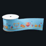 Hanukkah Jewish Holiday Hanukkiah Decoration Satin Ribbon<br><div class="desc">Happy Hanukkah Party Jewish Holiday Festival of Lights. Winter Holiday Chanukkah Decoration with gold traditional Chanuka decorative symbols - Gold Hanukkiah menorah, candlestick with candles, wooden dreidels (spinning top), doughnuts (sweet doughnuts), star of David and glowing lights doodle cartoon pattern, cartoon style. Hanukkah Festival of lights Event Decoration. Jerusalem, Israel....</div>