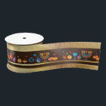 Hanukkah Jewish Holiday Hanukkiah Decoration Satin Ribbon<br><div class="desc">Happy Hanukkah Party Jewish Holiday Festival of Lights. Winter Holiday Chanukkah Decoration with gold traditional Chanuka decorative symbols - Gold Hanukkiah menorah, candlestick with candles, wooden dreidels (spinning top), doughnuts (sweet doughnuts), star of David and glowing lights doodle cartoon pattern, cartoon style. Hanukkah Festival of lights Event Decoration. Jerusalem, Israel....</div>