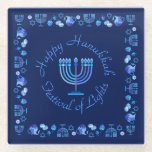 Hanukkah Jewish Holiday Menorah Ornate Mandala Glass Coaster<br><div class="desc">Happy Hanukkah Party Jewish Holiday Blue Menorah pattern. Jewish Holiday Chanukkah Decoration with traditional Chanuka decorative symbol - Navy Blue colour hanukkiah menorah, candlestick with candles, star of David and neon blue glowing lights illustration. Hanukkah Festival of lights Event Decoration. Jerusalem, Israel. Electronics > Tablet & Laptop Cases > Laptop...</div>