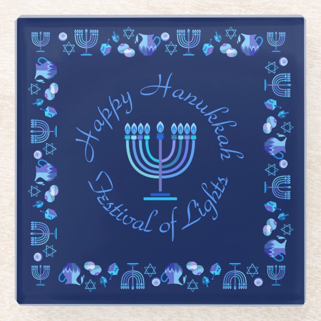 Hanukkah Jewish Holiday Menorah Ornate Mandala Glass Coaster (Front)