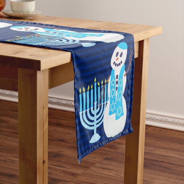 Hanukkah Jewish Snowman And Blue Menorah Holiday Long Table Runner (In Situ)
