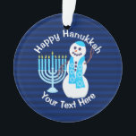 Hanukkah Jewish Snowman Blue Menorah Chrismukkah Ornament<br><div class="desc">Hang this personalised Hanukkah ornament from a window, the fireplace mantel or on the Chanukkah bush if you have one. Your custom white text pops on the navy blue stripes on one side, with no text and a larger version of the smiling snowman and light blue Hanukiah on the other....</div>