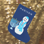 Hanukkah Jewish Snowman Menorah SML Chrismukkah Small Christmas Stocking<br><div class="desc">Personalise this adorable snowman stocking for Chrismukkah or Hanukkah. This double sided Christmas or Chrismukkah stocking is easy to customise with a name in white text on the dark blue background using the easy text templates. In his bright blue Star Of David pattern scarf with his very own light blue...</div>