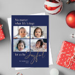 Hanukkah Joyful Royal Blue Photo Holiday Card<br><div class="desc">These 5" x 7" Hanukkah flat greeting cards feature placeholders for four of your favourite photos,  family name and year. The greeting is,  "No matter what life brings,  let us be Joyful. The word,  Joyful,  non-editable text is highlighted in gold calligraphy letters on a royal blue background.</div>