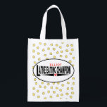 Hanukkah Latke Champion Grocery Bag<br><div class="desc">Hanukkah Latke Eating Champion, white 2-sided bag. All design elements can be edited. All editable text can be deleted and replaced with your own message. Use your favourite font colour, size, and style. Happy Hanukkah/Chanukah! Style: Reusable Bag Go green and save the planet with our reusable grocery bag! Made with...</div>
