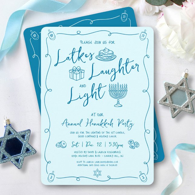 Hanukkah Latke Laughter Light Teal Doodles Party Invitation (Creator Uploaded)