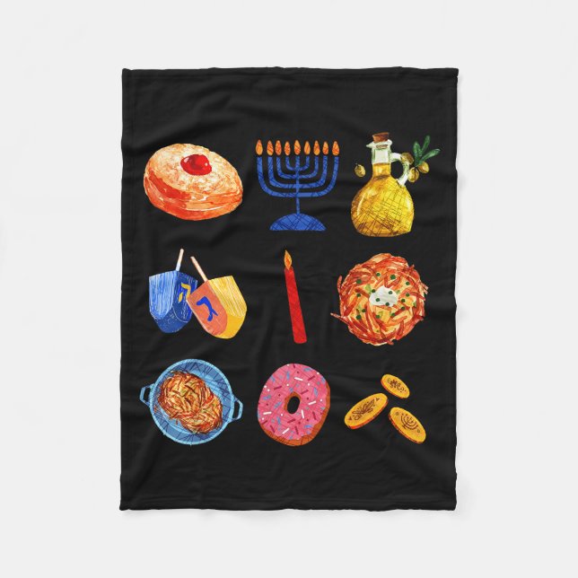 Hanukkah Latke Menorah Dreidel Donut Chanukah Jewi Fleece Blanket (Front)