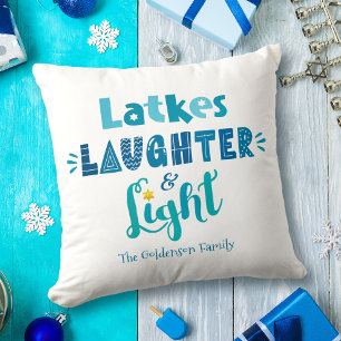 Hanukkah Latkes Laughter Light Blue Typography Cushion