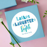 Hanukkah Latkes Laughter Light Modern Typography Classic Round Sticker<br><div class="desc">“Latkes, laughter & light.” Fun, whimsical handcrafted typography in dusty blue, turquoise and teal on a white background, helps you usher in Hanukkah. Feel the warmth and joy of the holiday season whenever you use this stunning, colourful, personalised, custom name Hanukkah sticker. Your choice of a round or square shape,...</div>