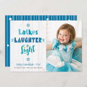Hanukkah Latkes Laughter Light Photo Rustic Wood Holiday Card