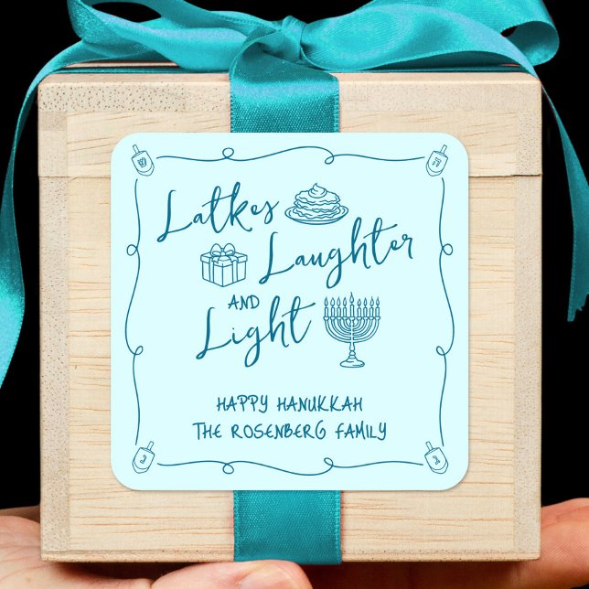 Hanukkah Latkes Laughter Light Teal Hand Drawn Fun Square Sticker (Creator Uploaded)