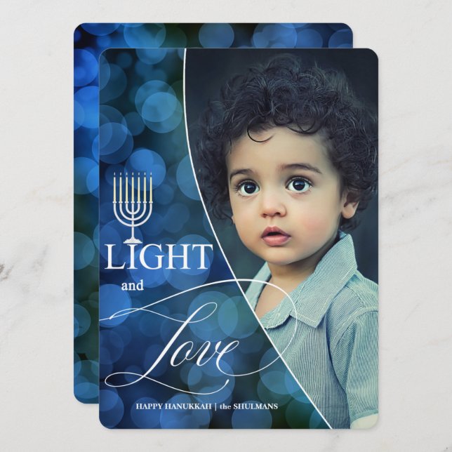 Hanukkah Light and Love with Name and Photo Holiday Card (Front/Back)