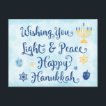 Hanukkah Light and Peace Holiday Postcard<br><div class="desc">A Jewish Hanukkah theme card with a menorah, Star of David and Driedel. The text reads Wishing You Light & Peace Happy Hanukkah. The background is a light blue watercolor wash. Personalise the back with your own message and/or company logo. These postcards are an economical way to send your holiday...</div>