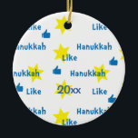 Hanukkah "Like"l/Blue/Yellow Circle Ornament<br><div class="desc">Hanukkah "Like"/Blue/Yellow Circle Ornament. (2 sided) Personalise by deleting "20XX" on front and back of the ornament. Then using your favourite font colour, size and style, type in your own words. Thanks for stopping and shopping by. Much appreciated! Happy Chanukah/Hanukkah! Bring a lot more holiday cheer to your tree with...</div>