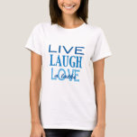 Hanukkah "Live Laugh Love a Latke" Blue T-Shirt<br><div class="desc">Hanukkah "Live Laugh Love a Latke" Blue T-Shirt Choose from over 155 shirt styles and sizes for this design. This basic t-shirt features a relaxed fit for the female shape. Made from 100% cotton, this t-shirt is both durable and soft - a great combination if you're looking for that casual...</div>