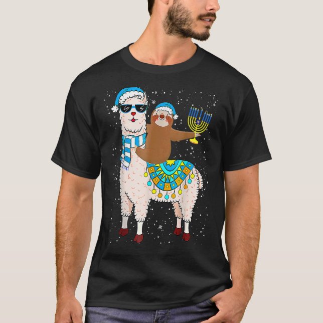Hanukkah Llamakah Llama Sloth Happy Hanukkah Chanu T-Shirt (Front)