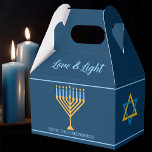 Hanukkah Love and Light Menorah Custom Blue Party Favour Box<br><div class="desc">Cute custom Love and Light Hanukkah party favour box for Jewish family gifts at a Chanukah party or a synagogue. Personalise with your own last name or group information in blue around the pretty gold and blue menorah.</div>