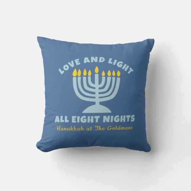 Hanukkah "Love and Light" Personalised Jewish Blue Cushion (Front)