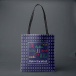 HANUKKAH Love Joy Peace BLUE Hebrew Tote Bag<br><div class="desc">Colourful festive TOTE BAG with faux silver Star of David in subtle background pattern. LOVE JOY PEACE including Hebrew translations are colour-coded in red,  yellow and green. Text is customisable in case you wish to change anything. HAPPY HANUKKAH is also customisable. Part of the HANUKKAH Collection</div>
