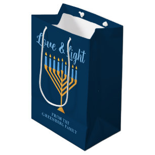 Hanukkah Love & Light Blue Gold Menorah Custom Medium Gift Bag