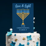 Hanukkah Love & Light Custom Blue Gold Menorah Cake Pick<br><div class="desc">Cute customisable Love and Light cake topper for a Jewish family dinner or a Chanukah party with a synagogue. Personalise this pretty Hanukkah cake topper with your own last name or group information in blue under the pretty gold menorah.</div>