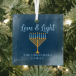 Hanukkah Love & Light Custom Blue Gold Menorah Glass Tree Decoration<br><div class="desc">Cute customisable Love and Light Hanukkah ornament for a Jewish family dinner or a Chanukah party with a synagogue. Personalise this pretty gift with your own last name or group information in blue under the pretty gold menorah.</div>