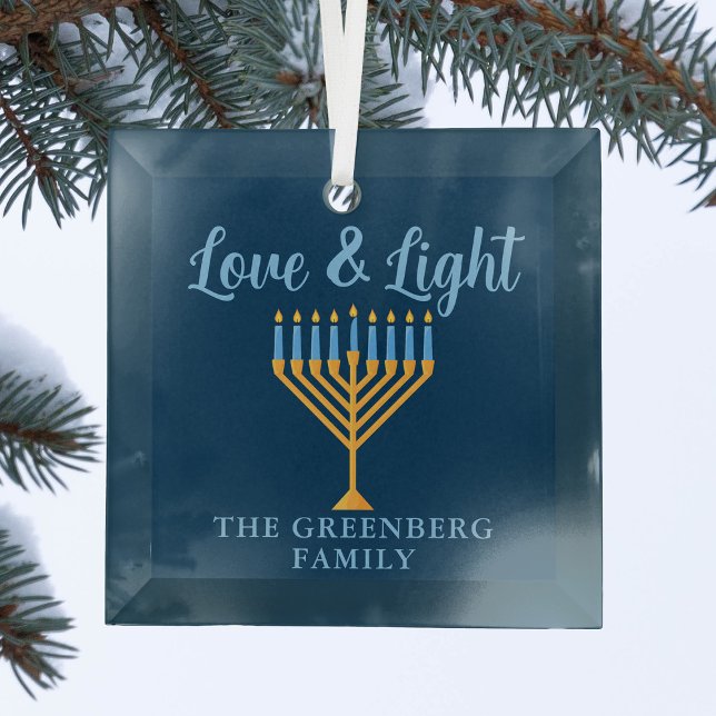 Hanukkah Love & Light Custom Blue Gold Menorah Glass Tree Decoration (Creator Uploaded)