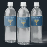Hanukkah Love & Light Custom Blue Menorah Party<br><div class="desc">Cute custom Love and Light Hanukkah party water bottle labels for a Jewish family Chanukah dinner celebration with a synagogue. Personalise this pretty accessory with your own last name or group information in blue under the pretty gold menorah.</div>